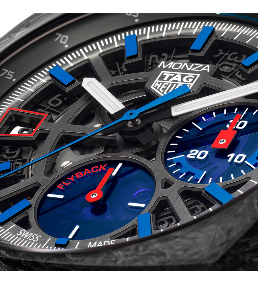Montre TAG Heuer Monza Flyback Chronometer automatique cadran gris squelette bracelet tissu noir 42 mm