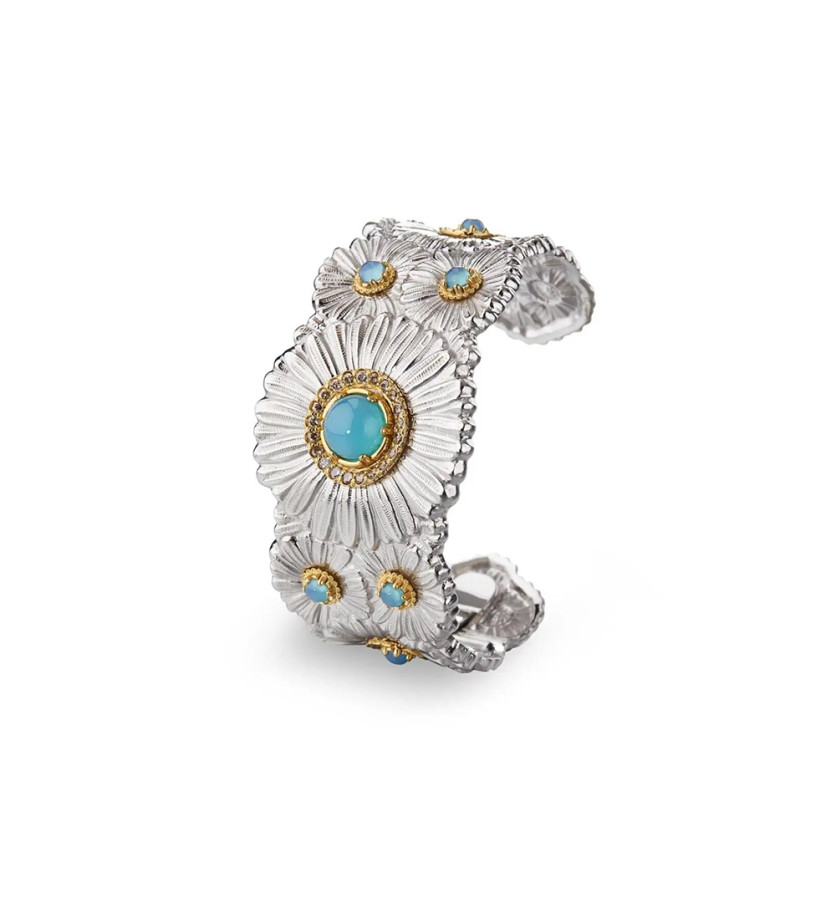 Bracelet Manchette Blossoms Color Marguerite argent, vermeil, diamants fancy et agate bleue