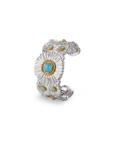 Bracelet Manchette Blossoms Color Marguerite argent, vermeil, diamants fancy et agate bleue