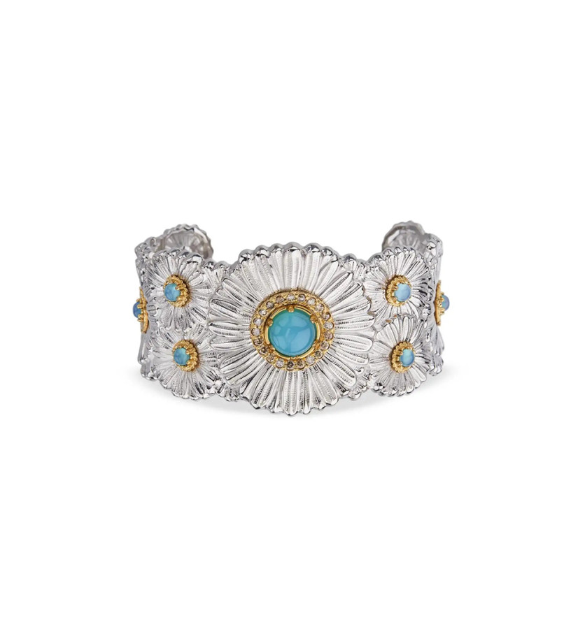 Bracelet Manchette Blossoms Color Marguerite argent, vermeil, diamants fancy et agate bleue