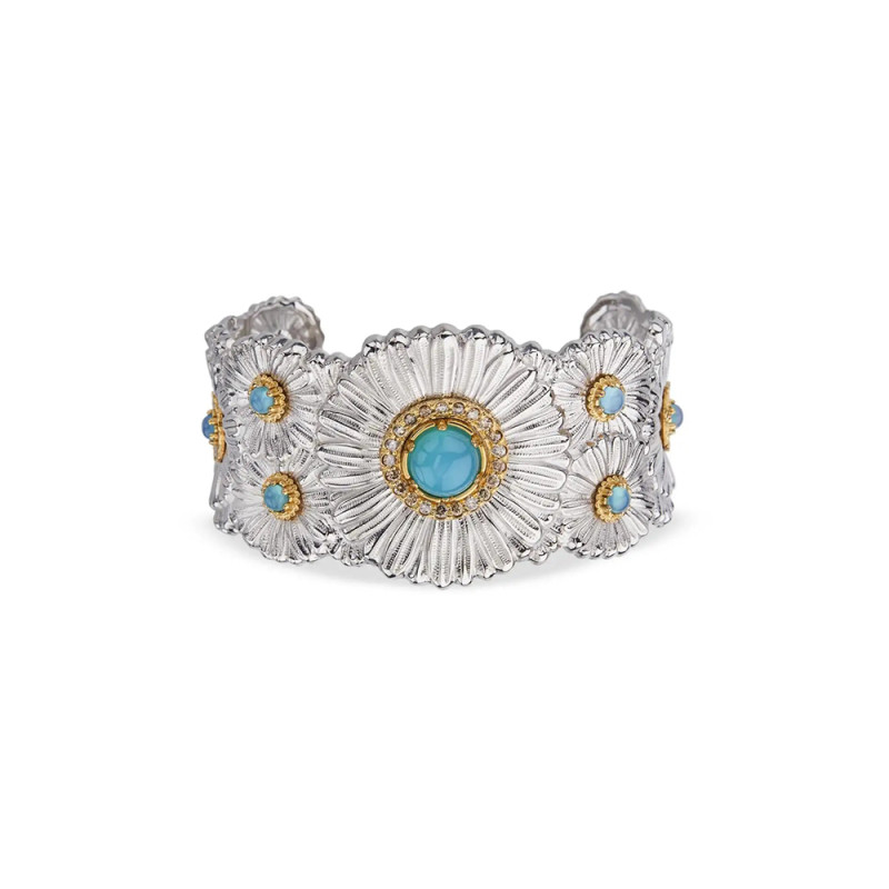 Bracelet Manchette Blossoms Color Marguerite argent, vermeil, diamants fancy et agate bleue