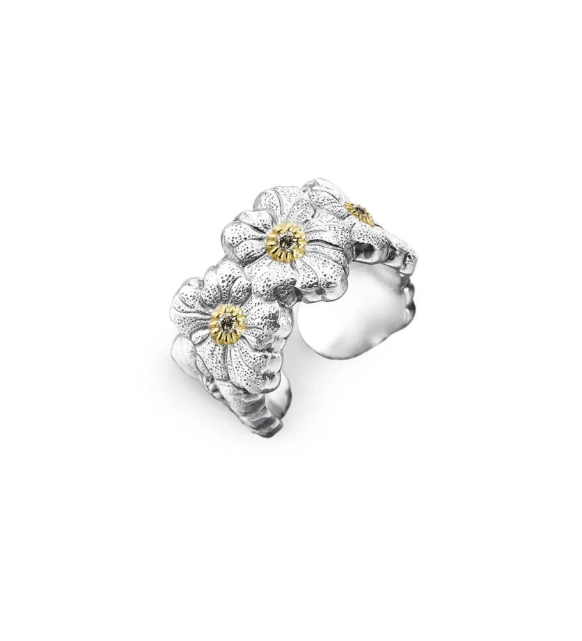 Bague Eternelle Blossoms Gardenia argent, vermeil et diamants fancy