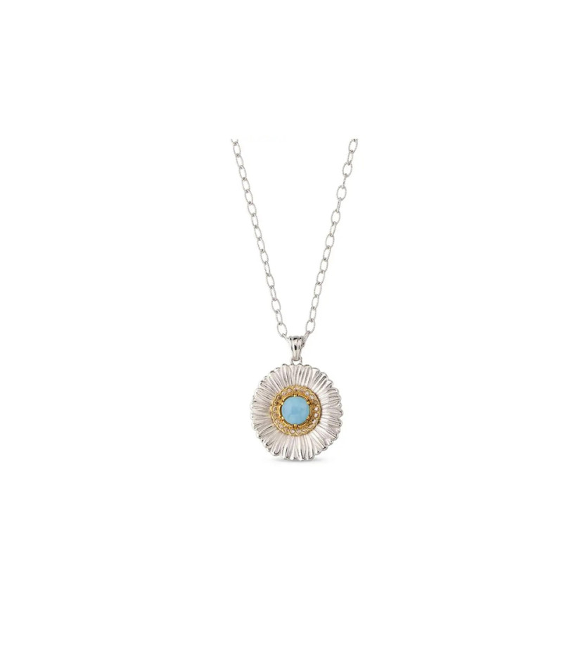 Pendentif Blossoms Color Marguerite argent, vermeil, diamants et agate bleu, sur chaîne en argent