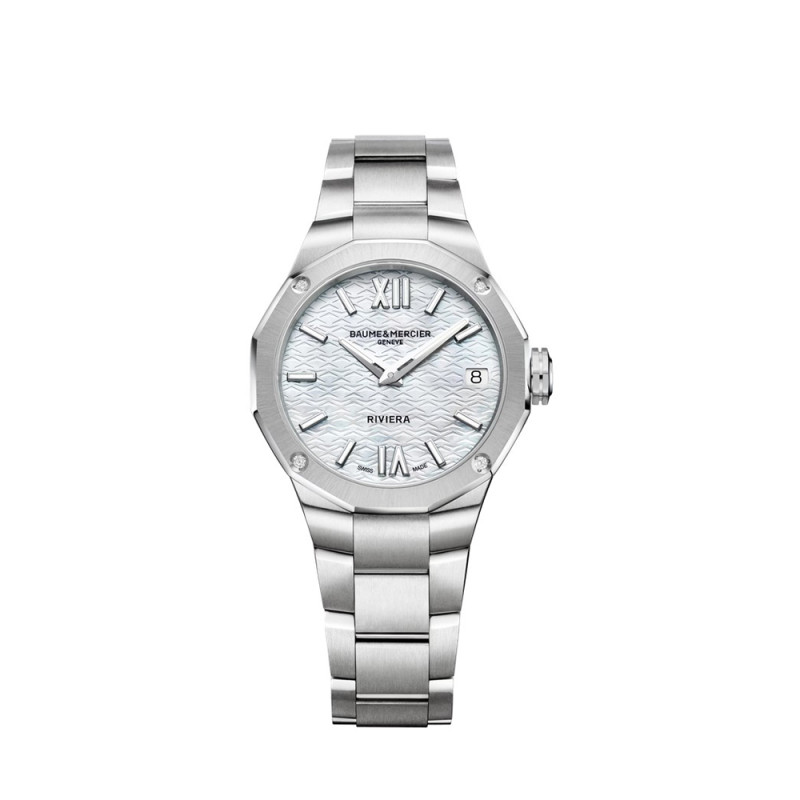 Montre Baume & Mercier Riviera automatique cadran nacre blanche bracelet acier 33 mm