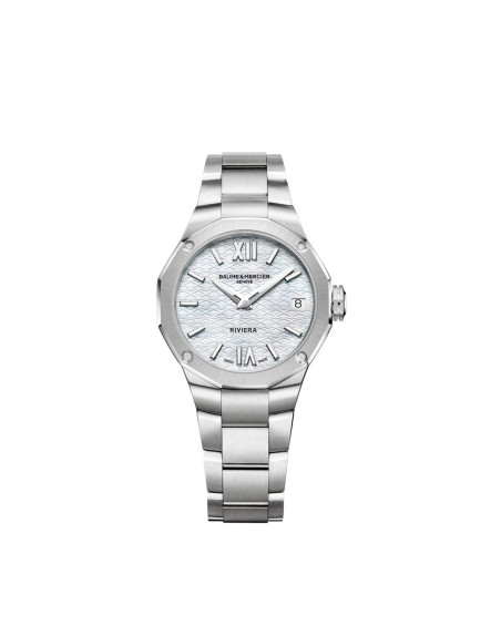 Montre Baume & Mercier Riviera automatique cadran nacre blanche bracelet acier 33 mm