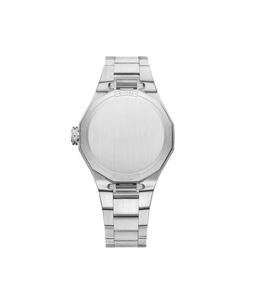 Montre Baume & Mercier Riviera automatique cadran nacre blanche bracelet acier 33 mm