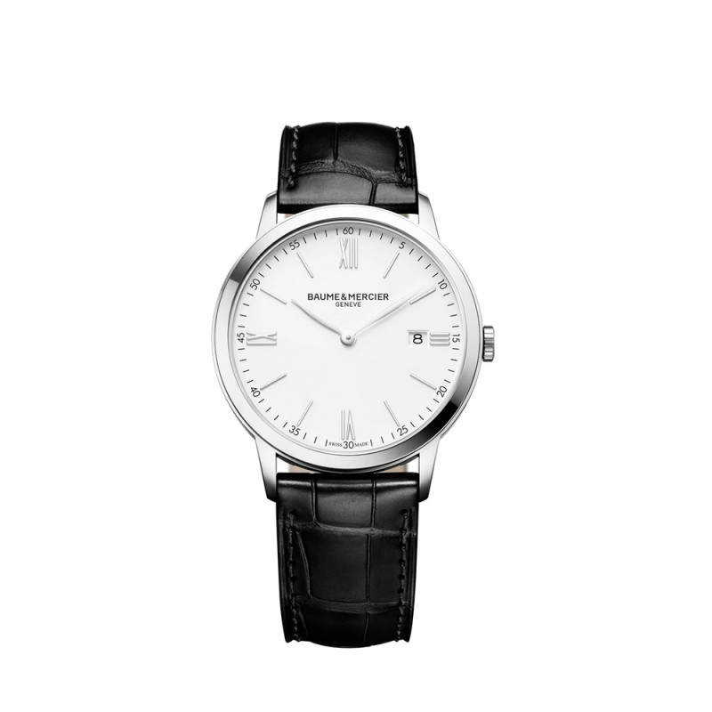 Montre Baume & Mercier Classima quartz cadran blanc mat bracelet cuir noir 40 mm