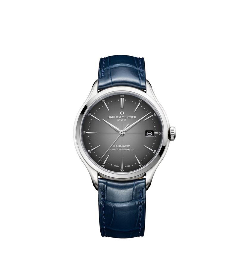 Montre Baume & Mercier Clifton automatique cadran gris bracelet cuir bleu 40 mm