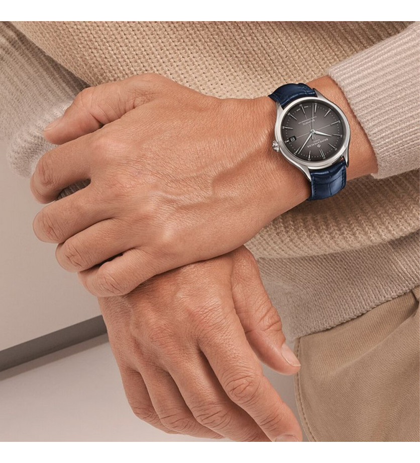 Montre Baume & Mercier Clifton automatique cadran gris bracelet cuir bleu 40 mm