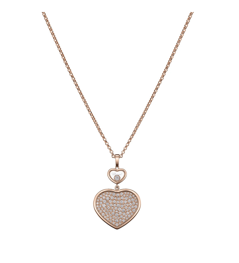 Pendentif Chopard Happy Hearts or rose pavé diamants sur chaîne en or rose