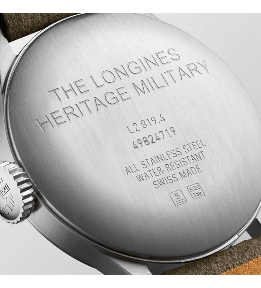 Montre Longines The Longines Heritage Military automatique cadran argenté bracelet cuir vert 38,5 mm