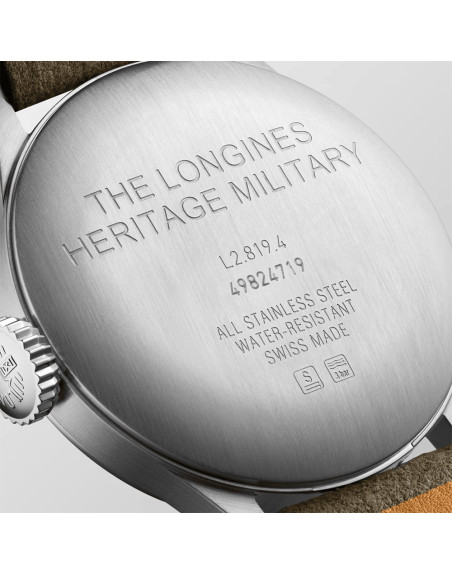 Montre Longines The Longines Heritage Military automatique cadran argenté bracelet cuir vert 38,5 mm