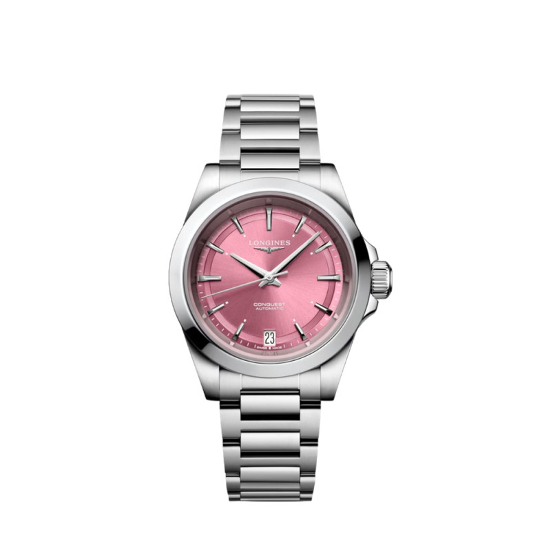 Montre Longines Conquest quartz cadran rose bracelet acier 34 mm