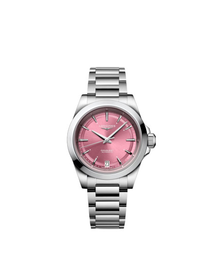 Montre Longines Conquest quartz cadran rose bracelet acier 34 mm