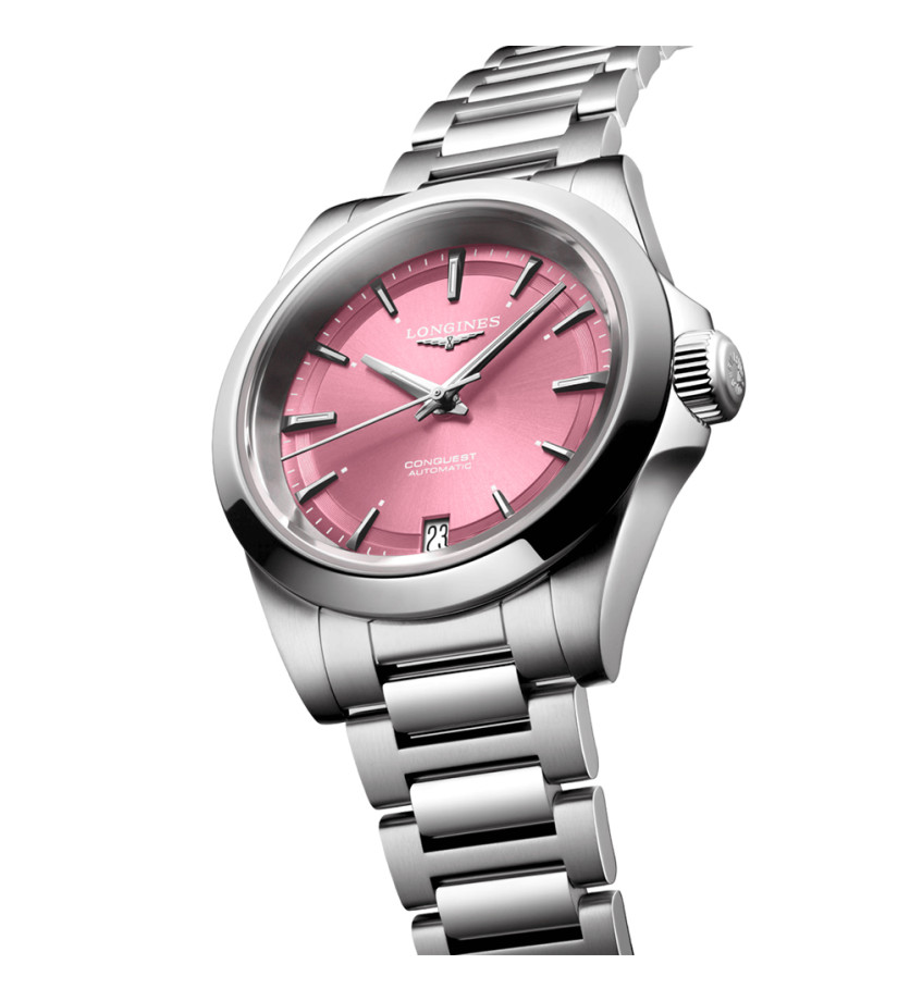 Montre Longines Conquest quartz cadran rose bracelet acier 34 mm