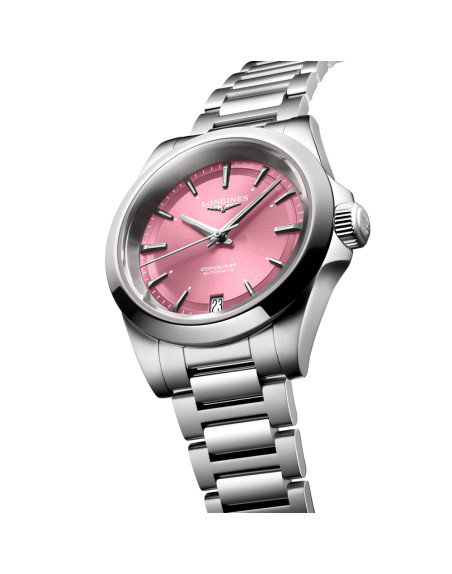 Montre Longines Conquest quartz cadran rose bracelet acier 34 mm