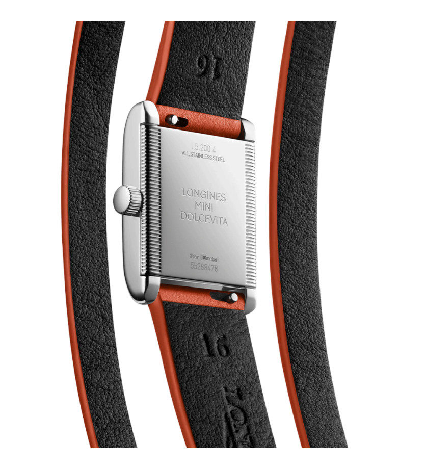 Montre Longines Mini Dolce Vita quartz cadran argent bracelet cuir orange 21,5 x 29 mm