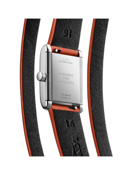 Montre Longines Mini Dolce Vita quartz cadran argent bracelet cuir orange 21,5 x 29 mm