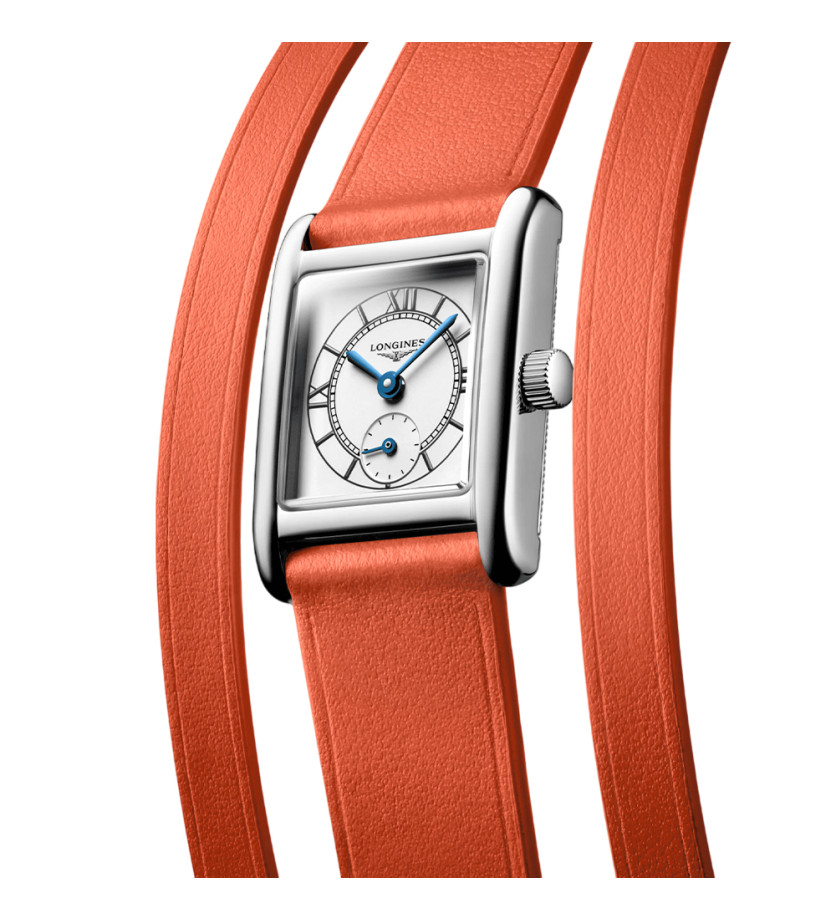 Montre Longines Mini Dolce Vita quartz cadran argent bracelet cuir orange 21,5 x 29 mm