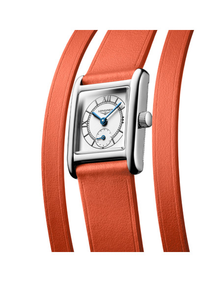 Montre Longines Mini Dolce Vita quartz cadran argent bracelet cuir orange 21,5 x 29 mm