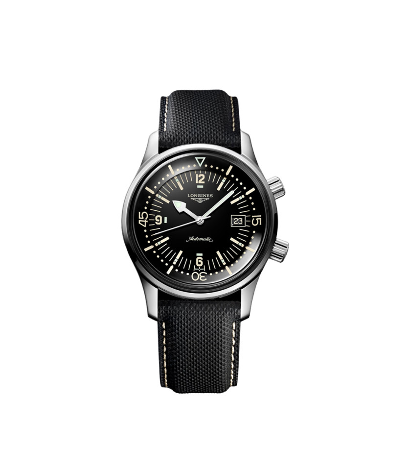Montre Longines Legend Diver automatique cadran noir bracelet cuir noir 42 mm