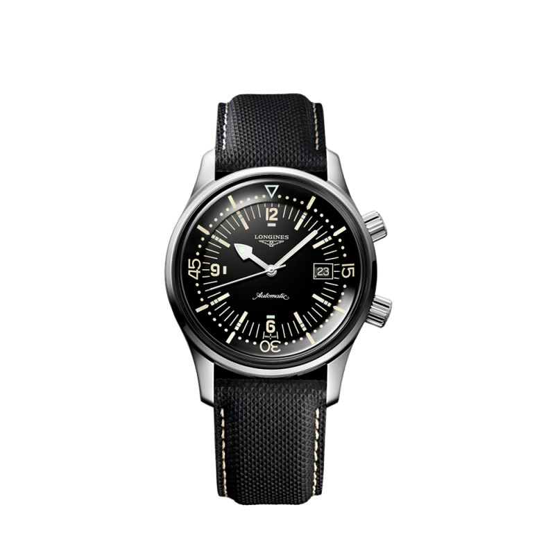 Montre Longines Legend Diver automatique cadran noir bracelet cuir noir 42 mm