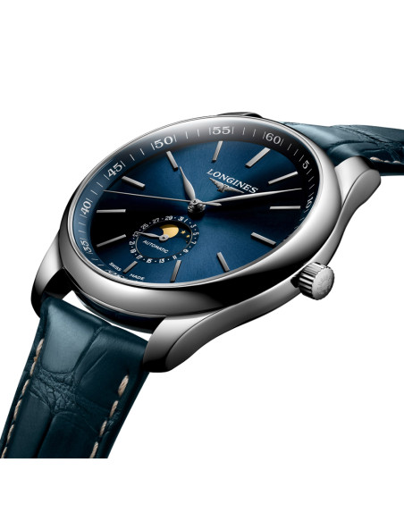 Montre Longines Master Collection automatique Phase de Lune cadran bleu bracelet cuir bleu 42 mm