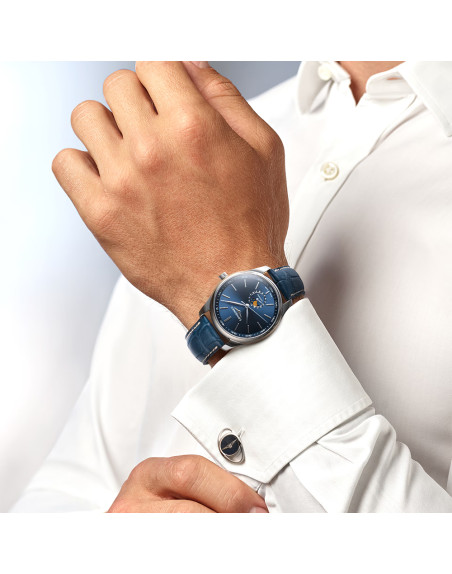Montre Longines Master Collection automatique Phase de Lune cadran bleu bracelet cuir bleu 42 mm