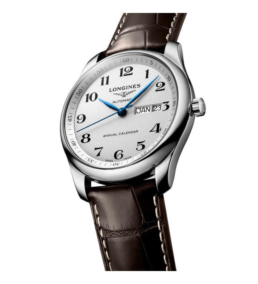 Montre Longines Master Collection automatique cadran argenté grain d'orge bracelet cuir brun 40 mm