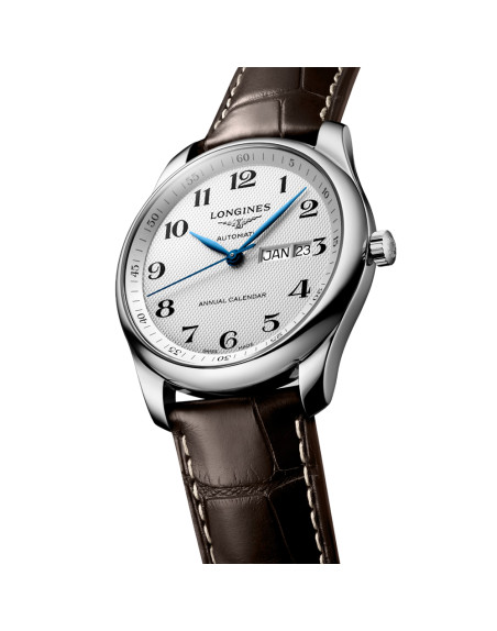 Montre Longines Master Collection automatique cadran argenté grain d'orge bracelet cuir brun 40 mm