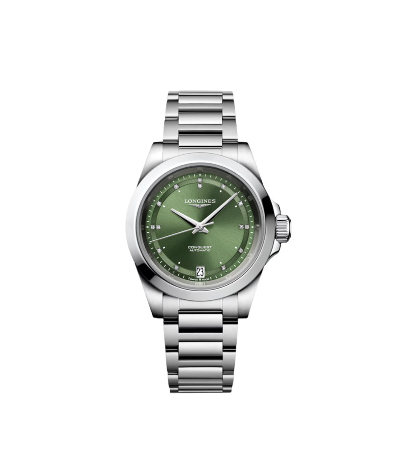 Montre Longines Conquest automatique cadran Sunray Green index diamants bracelet acier 34 mm