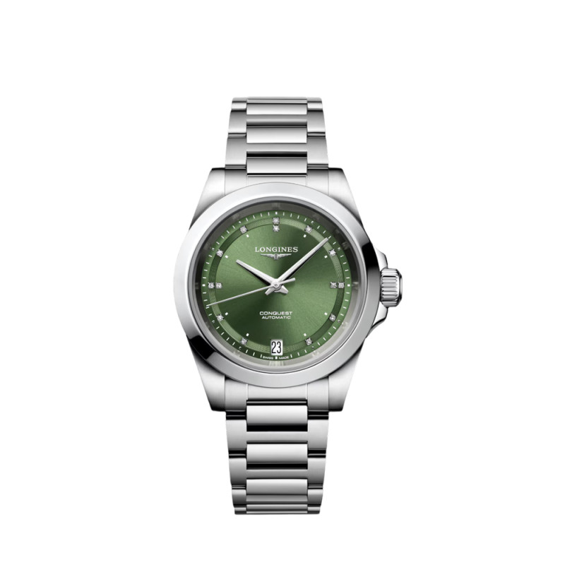 Montre Longines Conquest automatique cadran Sunray Green index diamants bracelet acier 34 mm