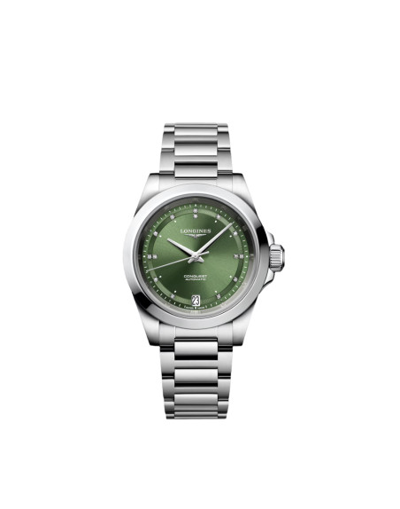 Montre Longines Conquest automatique cadran Sunray Green index diamants bracelet acier 34 mm