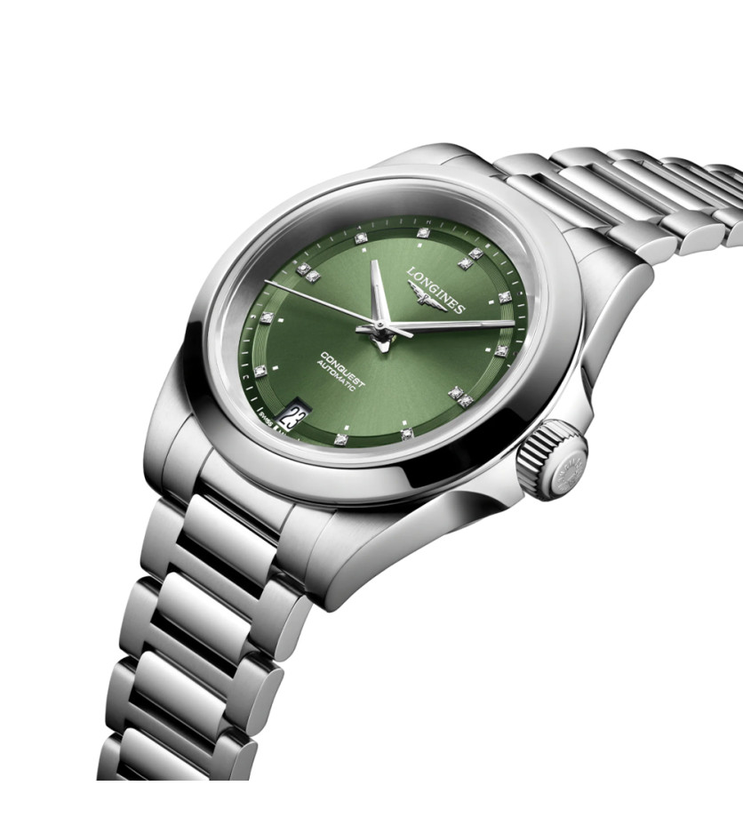 Montre Longines Conquest automatique cadran Sunray Green index diamants bracelet acier 34 mm