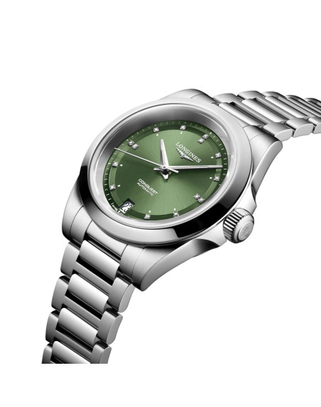 Montre Longines Conquest automatique cadran Sunray Green index diamants bracelet acier 34 mm