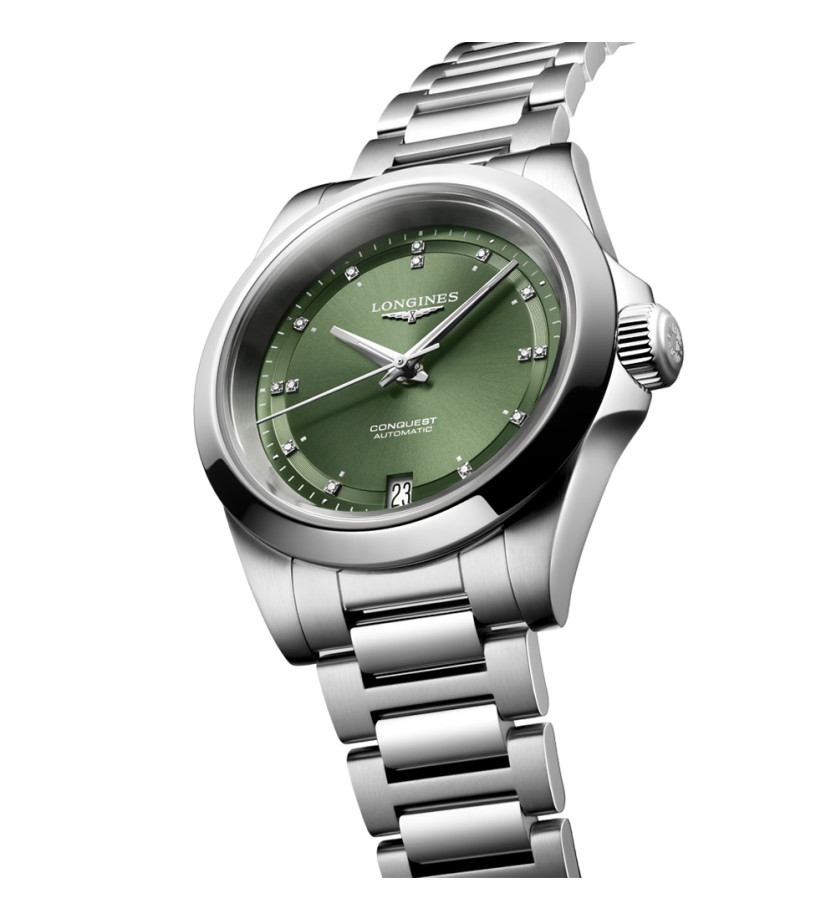 Montre Longines Conquest automatique cadran Sunray Green index diamants bracelet acier 34 mm