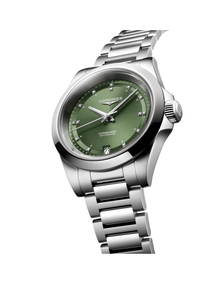 Montre Longines Conquest automatique cadran Sunray Green index diamants bracelet acier 34 mm