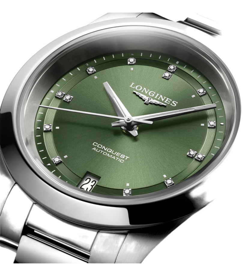 Montre Longines Conquest automatique cadran Sunray Green index diamants bracelet acier 34 mm