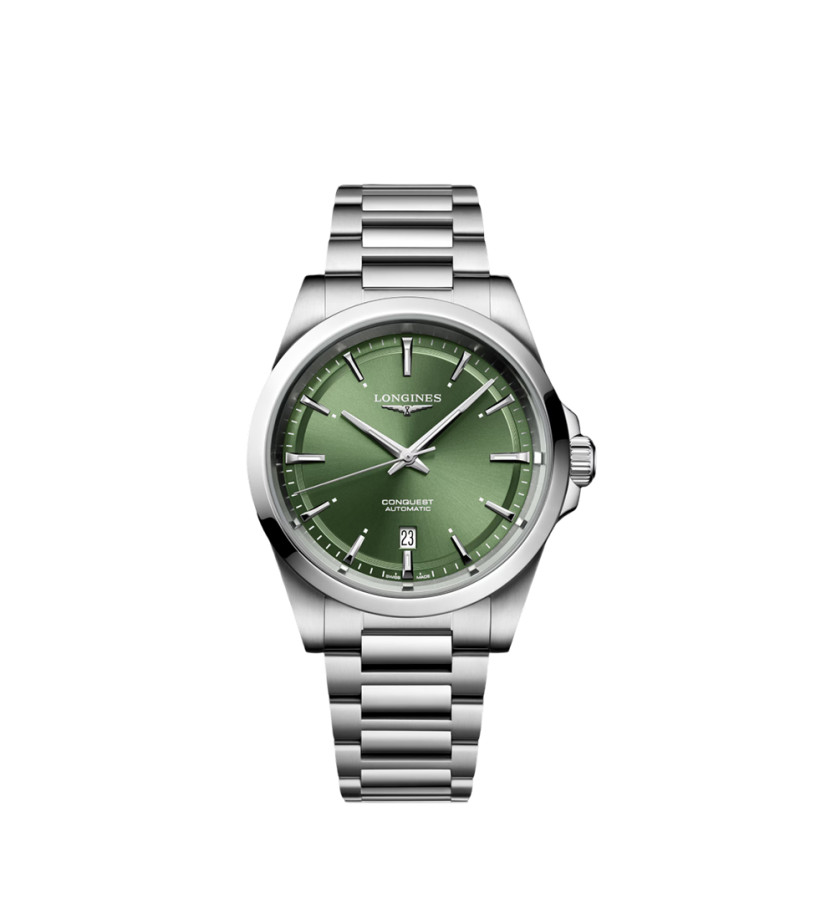 Montre Longines Conquest automatique cadran Sunray Green bracelet acier 41 mm