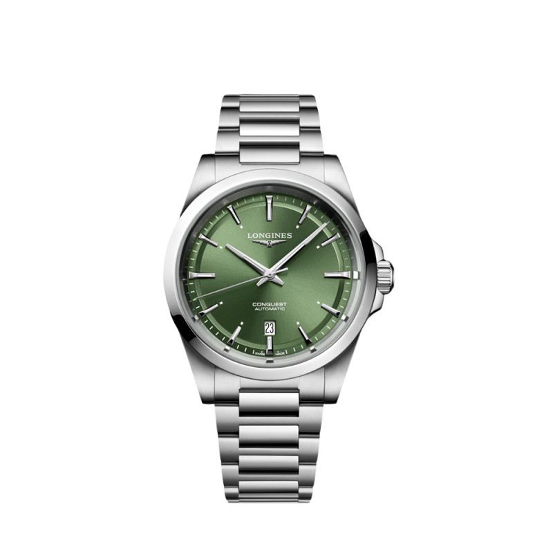 Montre Longines Conquest automatique cadran Sunray Green bracelet acier 41 mm