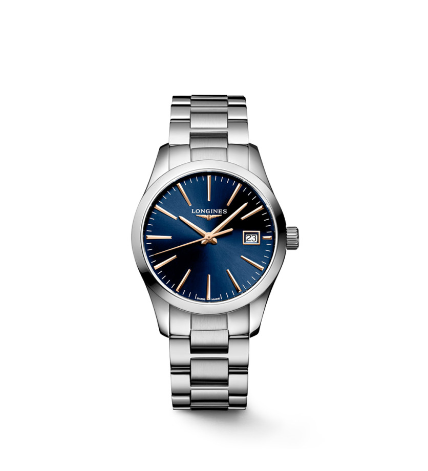 Montre Longines Conquest Classic quartz cadran bleu bracelet acier 34 mm
