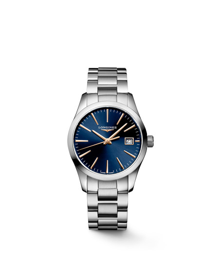 Montre Longines Conquest Classic quartz cadran bleu bracelet acier 34 mm