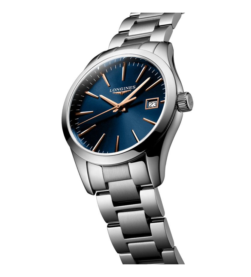 Montre Longines Conquest Classic quartz cadran bleu bracelet acier 34 mm