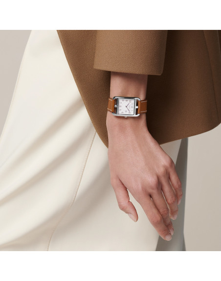 Montre Hermès Cape Cod quartz acier cadran argent bracelet veau simple grand modèle 37 mm