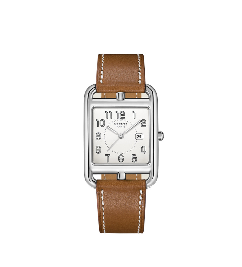 Montre Hermès Cape Cod quartz acier cadran argent bracelet veau simple grand modèle 37 mm