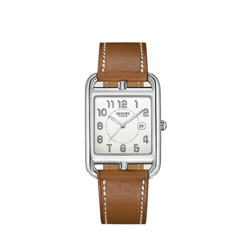 Montre Hermès Cape Cod quartz acier cadran argent bracelet veau simple grand modèle 37 mm