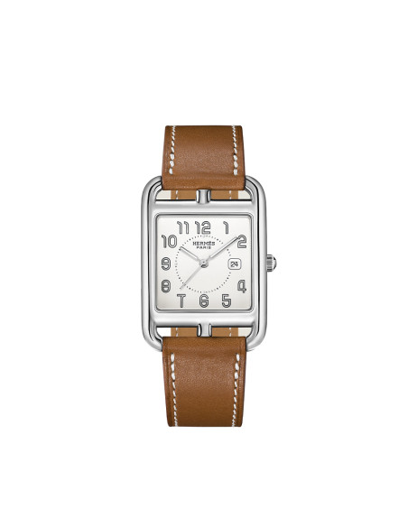 Montre Hermès Cape Cod quartz acier cadran argent bracelet veau simple grand modèle 37 mm