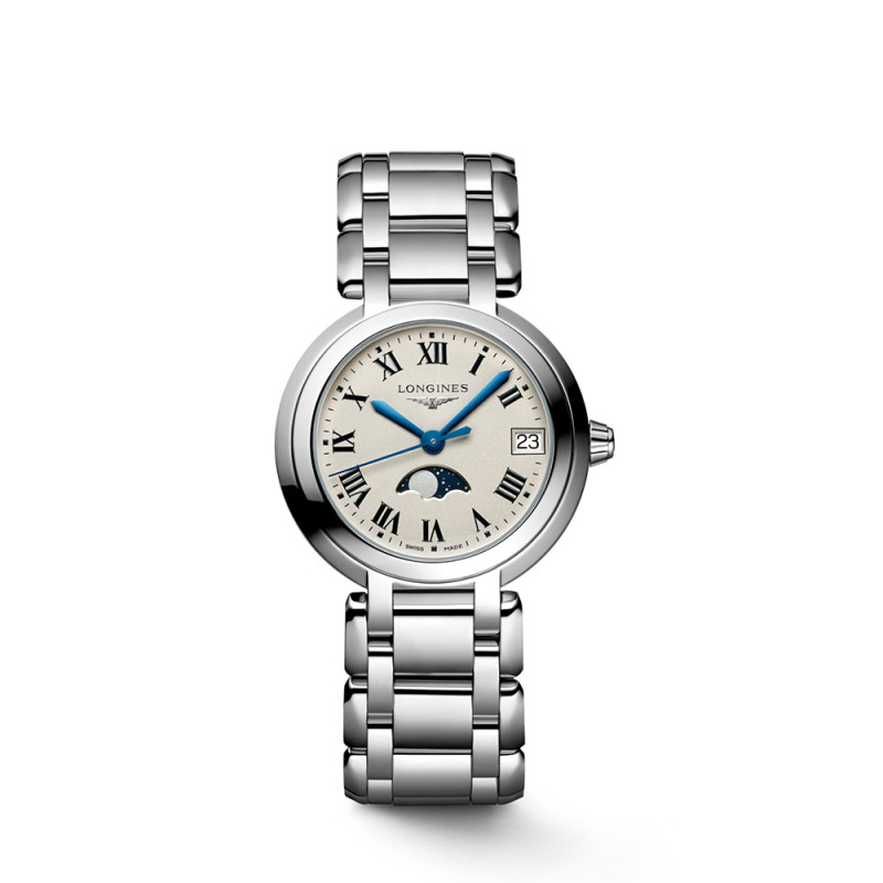 Montre Longines Primaluna Phase de Lune quartz cadran argenté bracelet acier 30,5 mm