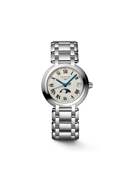 Montre Longines Primaluna Phase de Lune quartz cadran argenté bracelet acier 30,5 mm