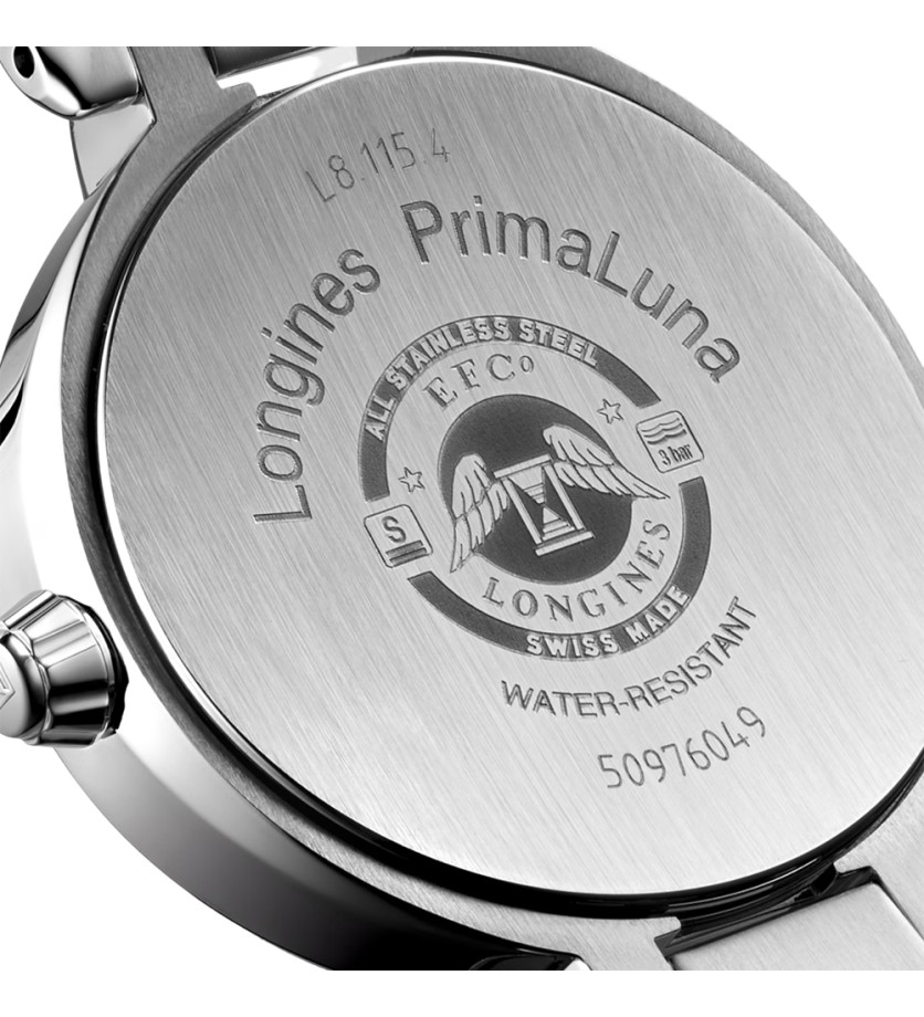 Montre Longines Primaluna Phase de Lune quartz cadran argenté bracelet acier 30,5 mm